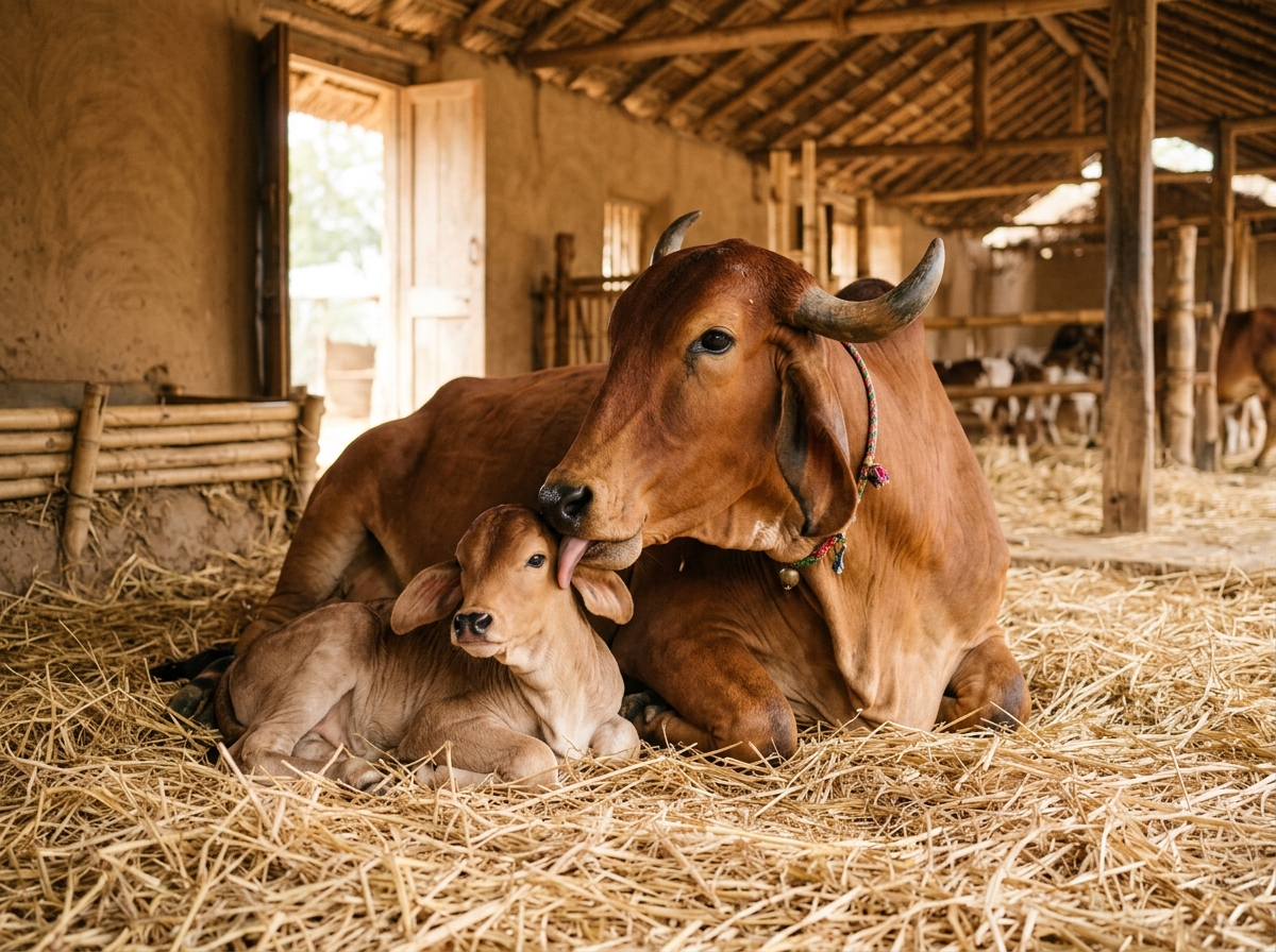 Mother cow and calf at Shri Shyam Gau Seva Sansthan